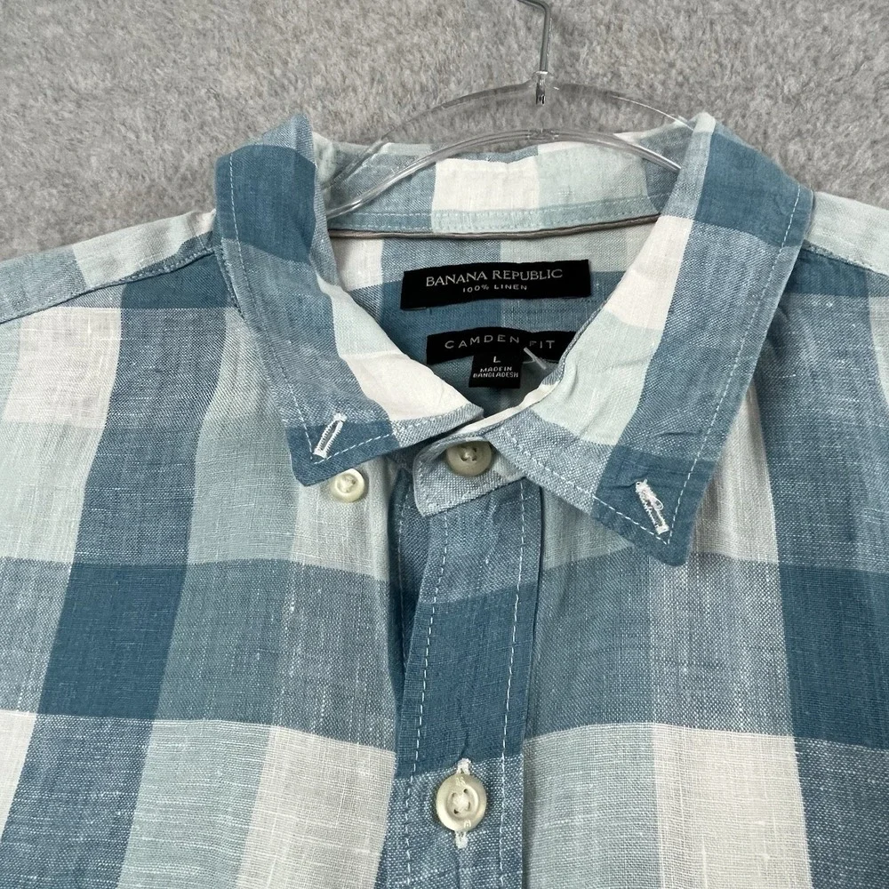 Banana Republic Shirt Mens Large Camden Fit Linen Button Down Blue Plaid Summer